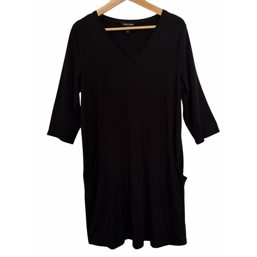 Eileen Fisher S Black Tencel Lyocell V Neck 3/4 Slv Pockets Shift Dress Stretch
